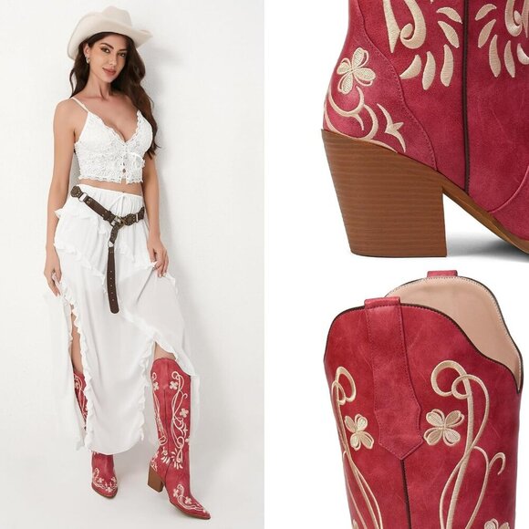 Women's Knee High Heel Floral Embroidered Red Classic Design Western Boots - Picture 2 of 8